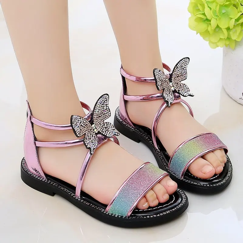 2021 Princess Summer Children\'s Sandals Kid Girls Cute Beach Sandals Butterfly Slippers Glitter Shoes Flower Squre Heels Shoes