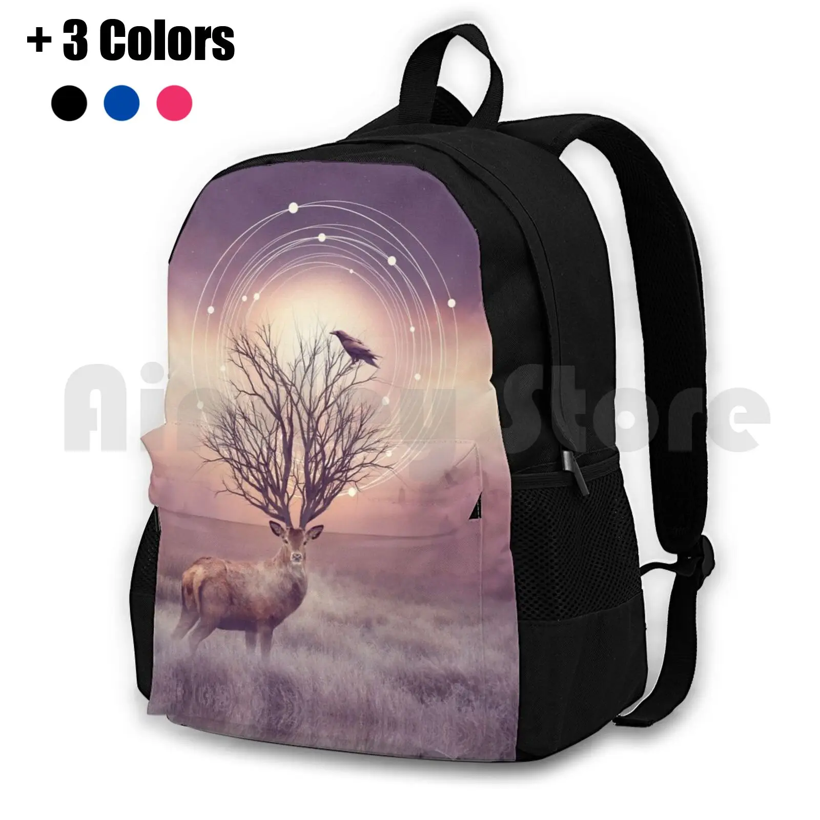 

In The Stillness Outdoor Hiking Backpack Waterproof Camping Travel Deer Stag Red Deer Crow Raven Blackbird Corvus Stillness