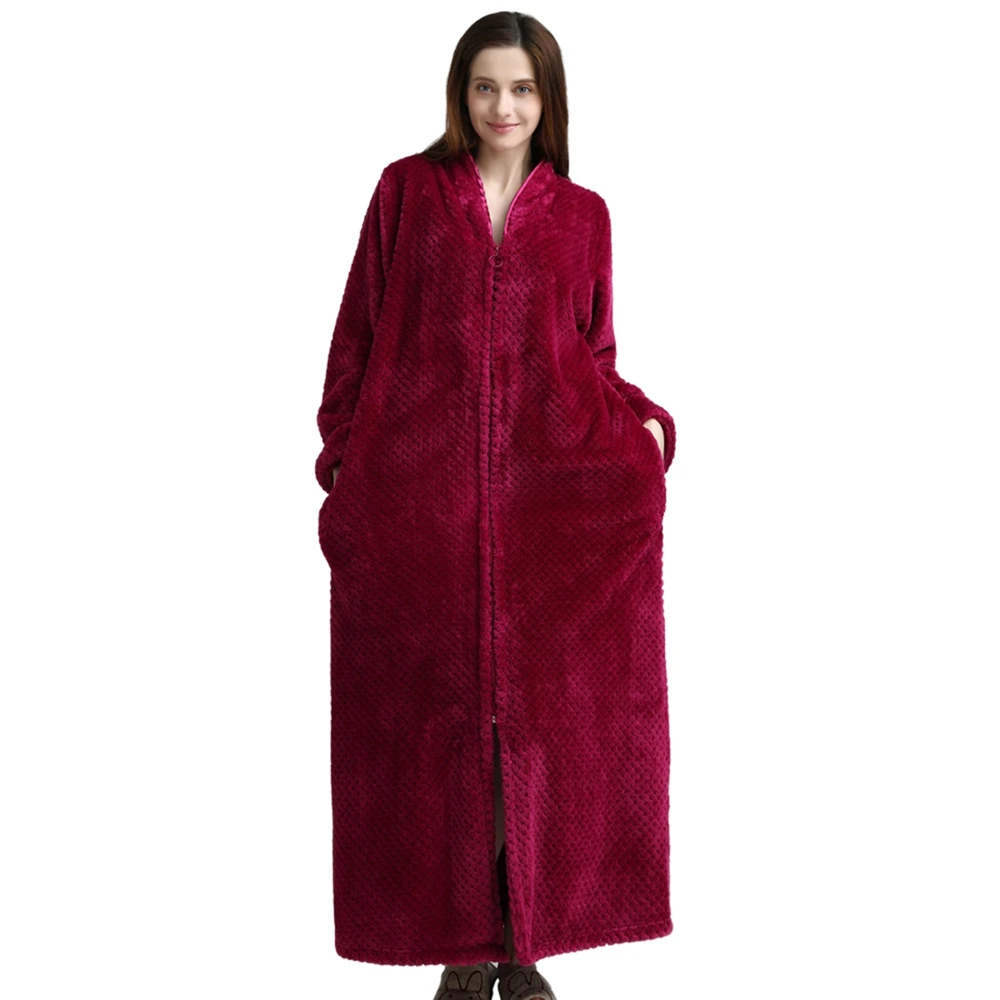 Robes Women Men Flannel Bath Robe Long Zipper Couple Pajamas Nightgown Winter Thicken Warm Soft Sleepwear Female Robe