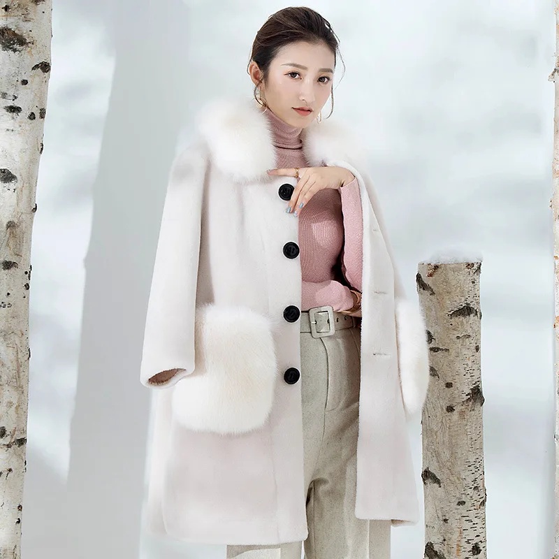 

Winter Sheep Shearing Coat Real Fox Fur Collar Jacket Women Clothes 2020 Manteau Femme Y-05 YY1026