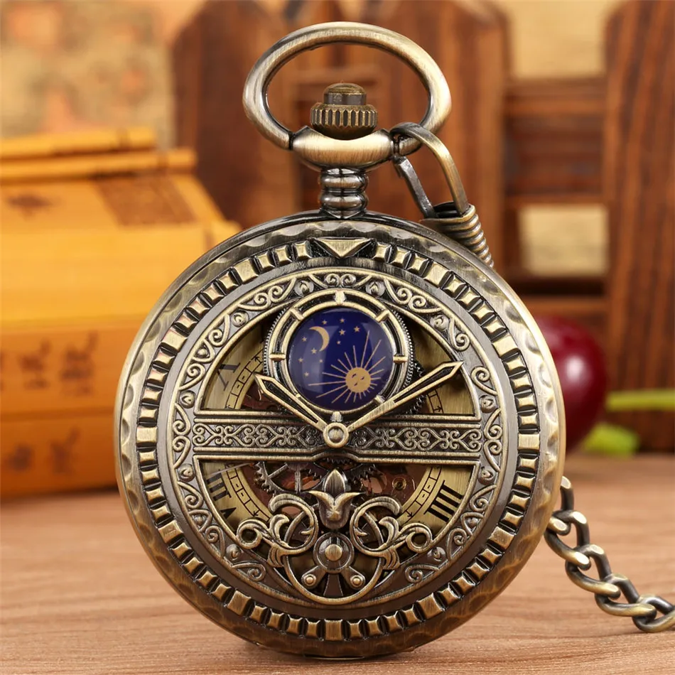 Bronze Mechanical Pocket Watch Moon Sun Phase Decorative Engraved Antique Hand-Winding Pendant Pocket Clock New 2021 Gift