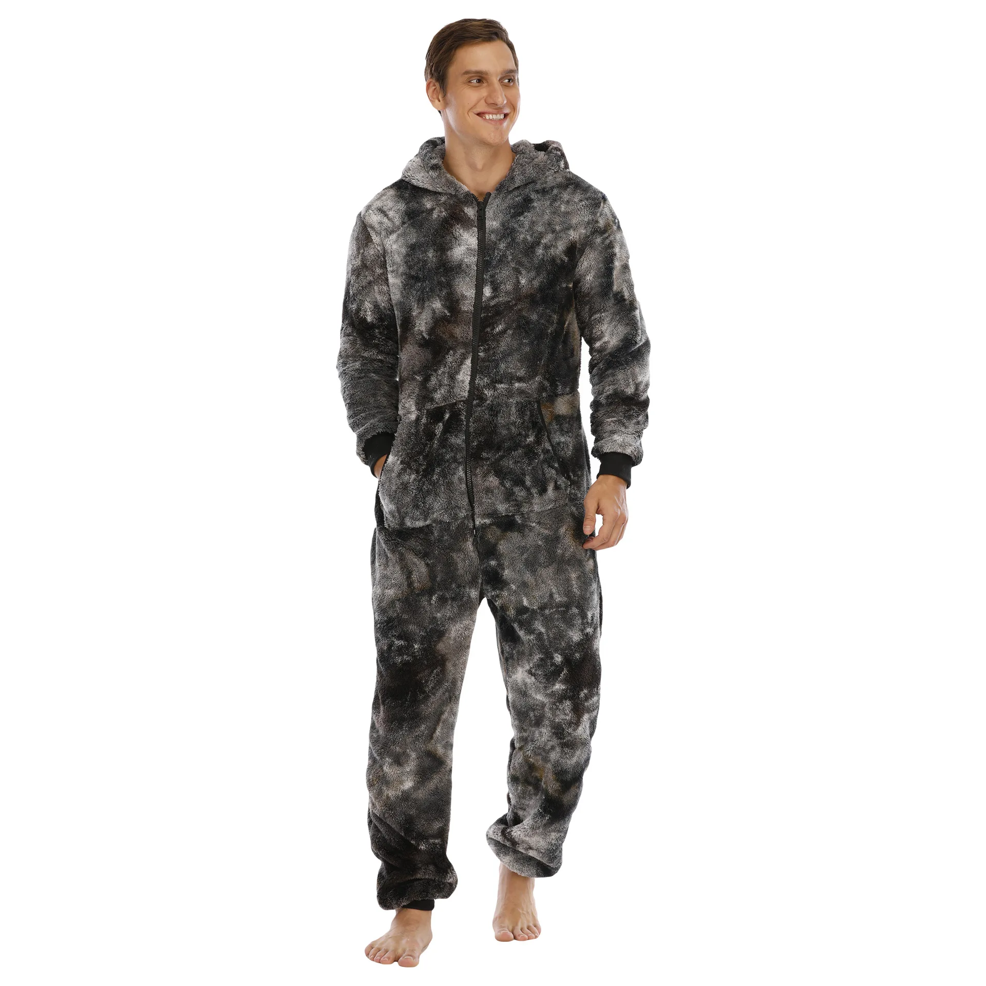 Autumn Winter Casual Flannel Onesies Hoodie Jumpsuit Pajama Men Jumpsuits Hoodie Zipper Sleepwear