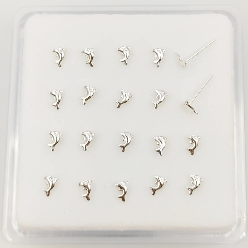 925 Sterling Silver nose stud dolphin shape nose pin пирсинг в нос Body jewelry 20pcs/pack