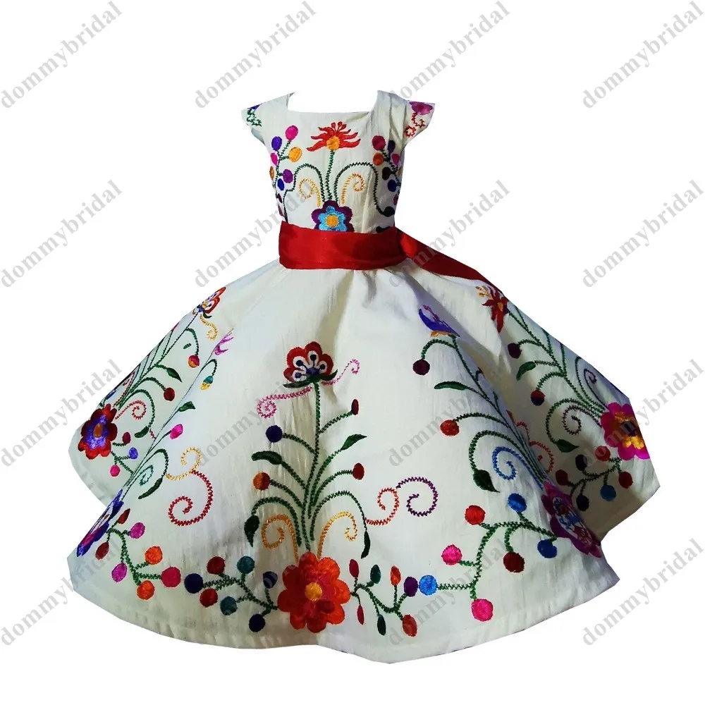 2023 Modest Colorful Flower Embroidery Square Neck ball Gown Mini Quinceanera Pageant Prom Formal Dresses for Kids Little Girls