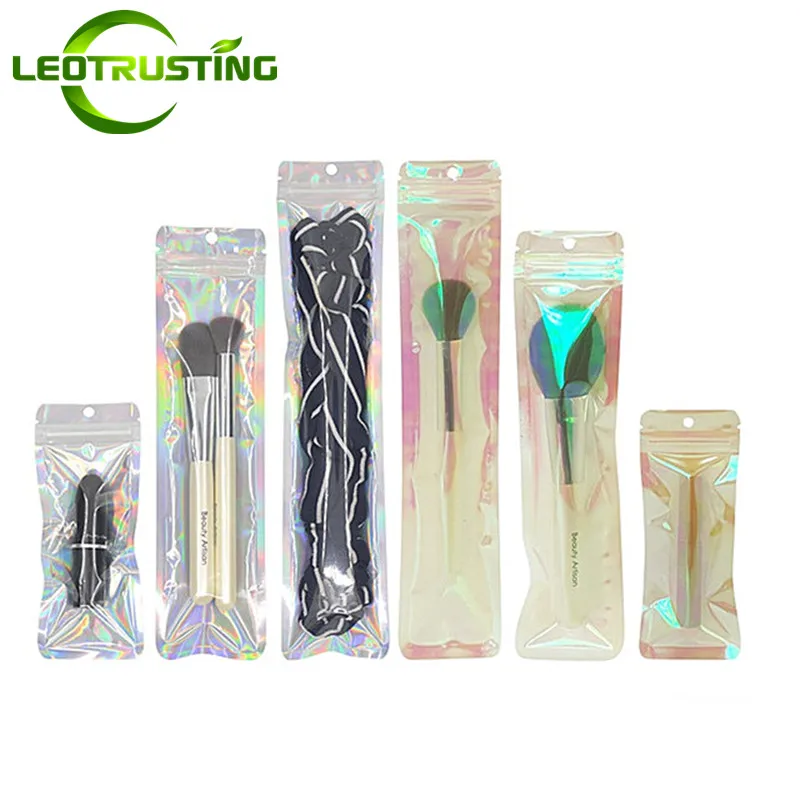 100pcs Resealable Hologram Iridescent Zip Lock Packaging Bag Makeup Cosmetics Brush Watch Data Lines Knife Fork Spoon Pouches