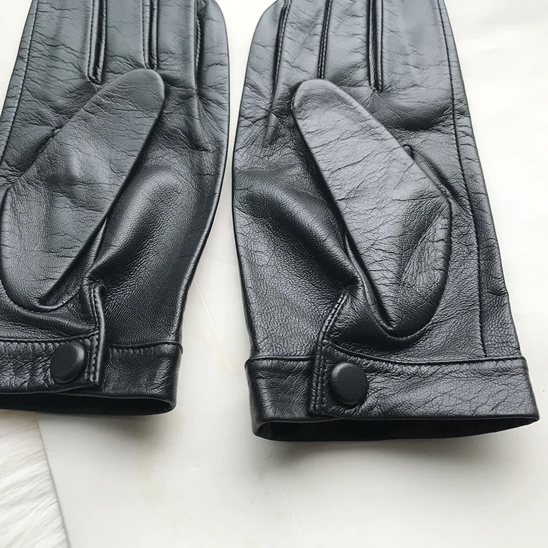 Unlined Gloves Wrist Button Sheep Leather Touch Screen Winter Gloves For Men Black Thin Lining Genuine Leather