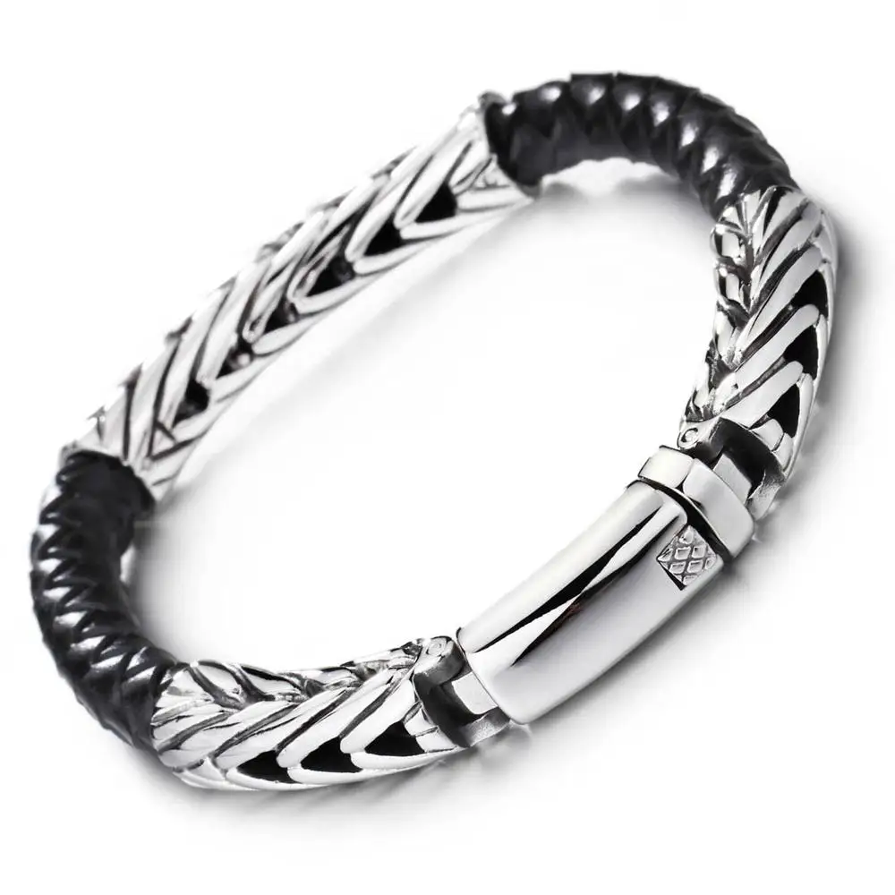 Punk Charm Men's Bracelet Black Genuine Leather With Stainless Steel Cuban Link Chain Bangle