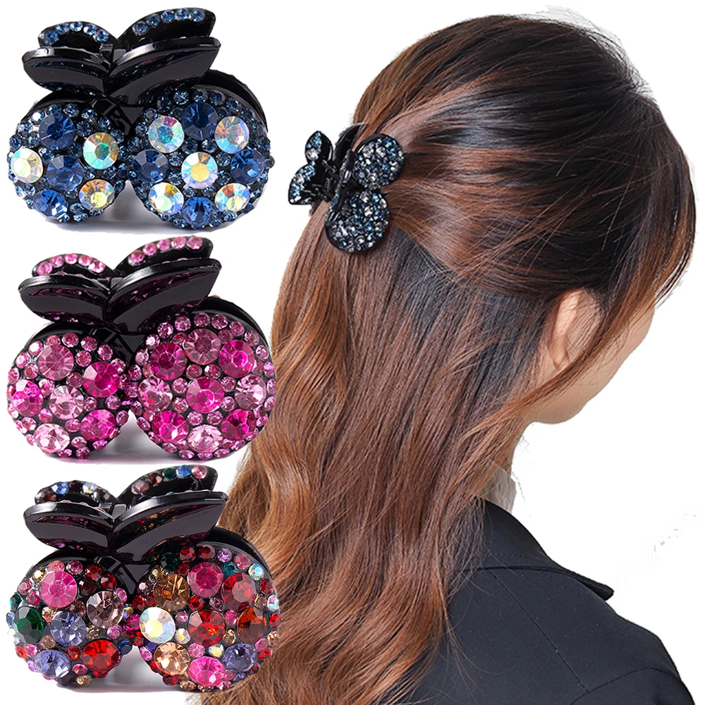 Mulheres cereja strass garras de cabelo caranguejo grampos de cabelo cristal grampos de cabelo barrettes rabo de cavalo meninas acessórios para o