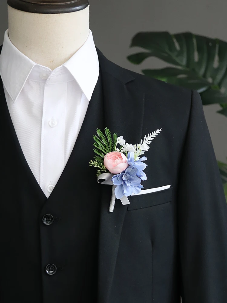 GT ผ้าไหม Corsages สีฟ้า Boutonnieres ของตกแต่งงานแต่งงานแต่งงาน Rose นาฬิกาข้อมือ Corsage Pin Boutonniere ดอกไม้สำหรับผู้เข้าพัก