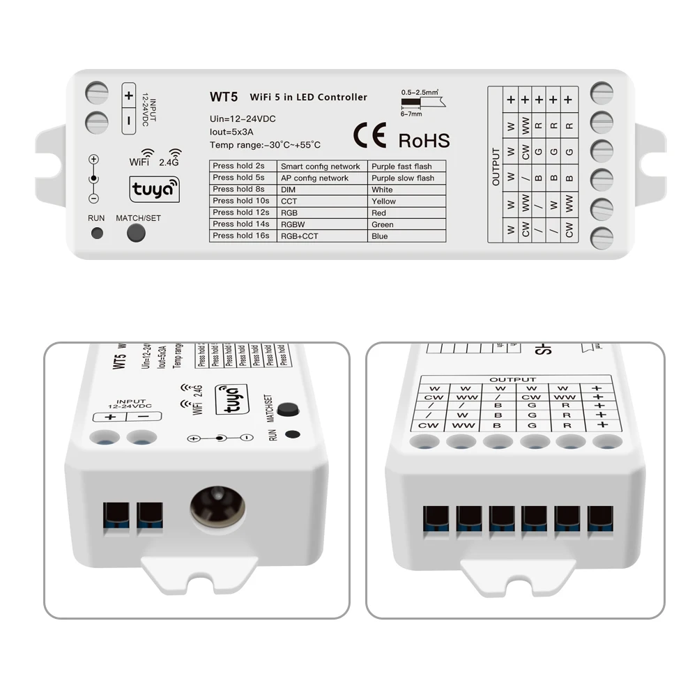 Controlador LED Tuya Smart WiFi para Alexa e Google Assistente, 5 em 1 Dimmer, CCT, RGB, RGBW, RGBWC, Faixa, RF, Sem Fio, 12V, 24V