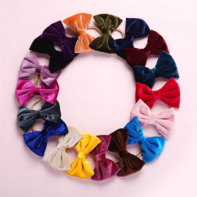 

Bulk 60pc/lot 2019 New Girls 4inch Velvet Knot Bow Nylon Headband,Solid Bows Elastic Hair Band Children Girls Hair Accessories