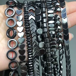Natural Black Hematite Stone Beads Round Heart Faceted Square Column Shape Loose Beads For Jewelry Making DIY Bracelet 15''