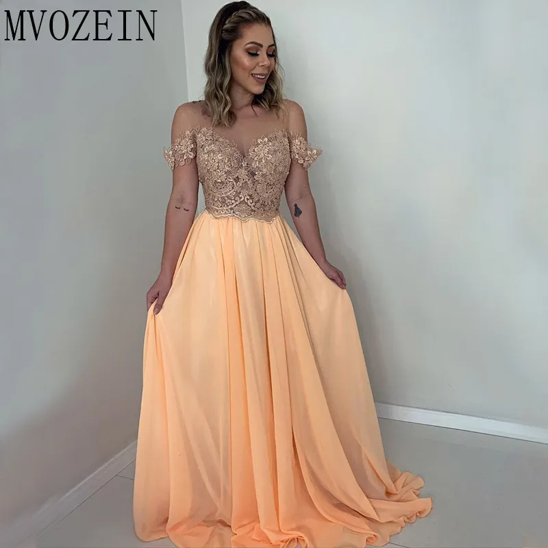 Mvozein Charming Evening Dresses Long Chiffon A-Line Boat Neckline Floor Length Party Gowns Evening Dress 2023 robe de soiree