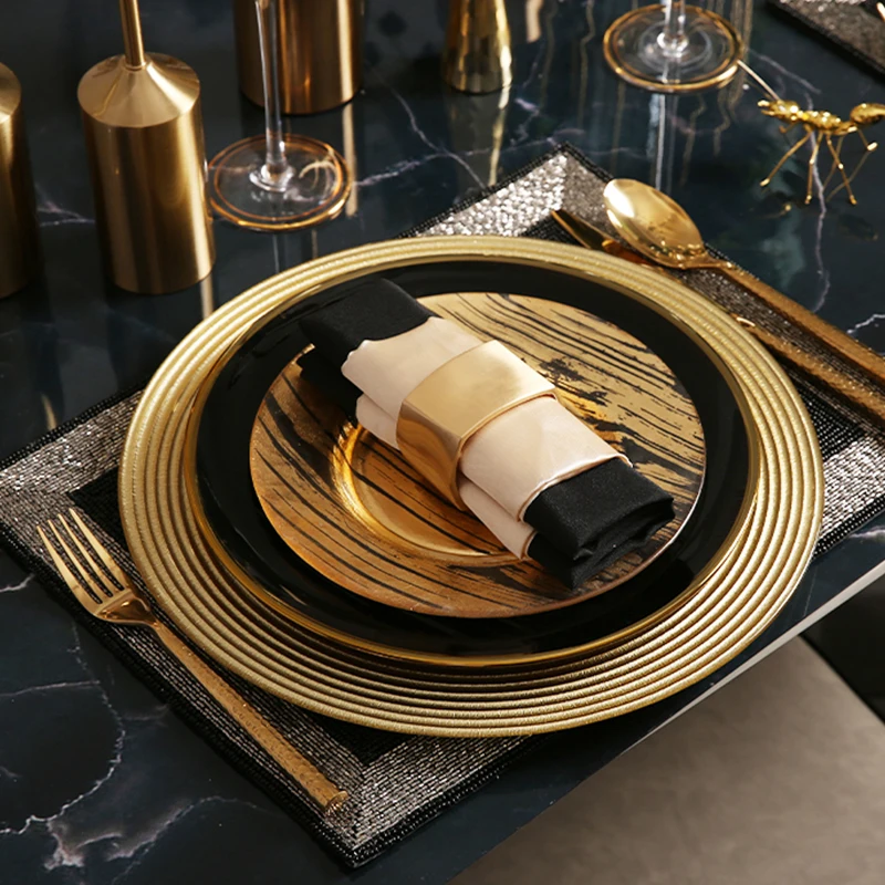 Black Golden Plates Set Home Kitchen Western Food Steak Plate Dishes Placemat Napkin Set Dining Table Decor Luxurious Tableware