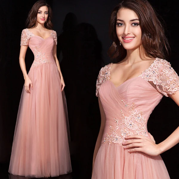 

short sleeve vestido longo hot sexy long pink appliques tulle Formal gowns 2025 prom gown robe de soiree bridesmaid dresses