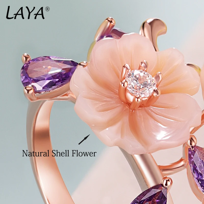 Laya Ring For Women High Quality Purple Zircon Natural Shell Flower 925 Sterling Silver Fashion Original Jewelry 2022 Trend