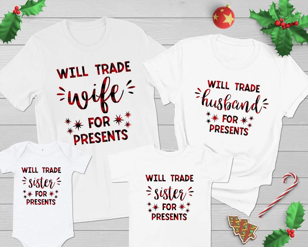 Забавные новогодние майки Will Trade for Presents, одинаковая семейная футболка с рождественским рисунком, клетчатые футболки Buffalo, топы на Рождество