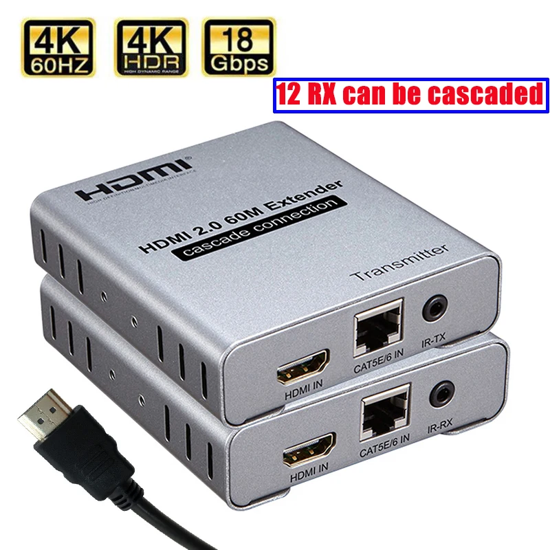 

HDMI 2.0 4K 60HZ 60M HDMI Extender 1080P 120M Over RJ45 Ethernet Lan CAT5e Cat6 Cable Cascade Connection Extension PC DVD TO TV