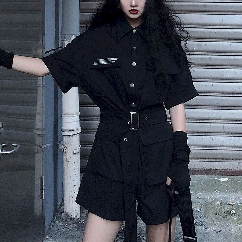 Women Jumpsuits Handsome Tooling Overalls Summer High Waist Short-sleeved Jumpsuit Wide-leg Shorts Suit Black Jumpsuit Womens