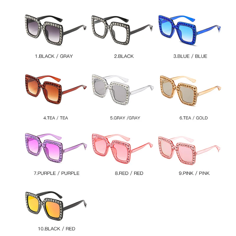 2020 Vintage Oversized Square Colorful Diamond Sunglasses Women Big Frame Luxury Brand Crystal Sun Glasses Rhinestone Eyewear