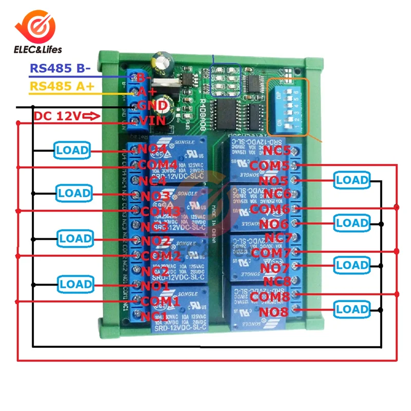 Релейный Модуль RS485/TTL 12 В постоянного тока, 8 каналов, Modbus RTU UART, переключатель дистанционного управления DIN35 C45, рельсовая коробка для ПЛК, PTZ камеры, системы безопасности