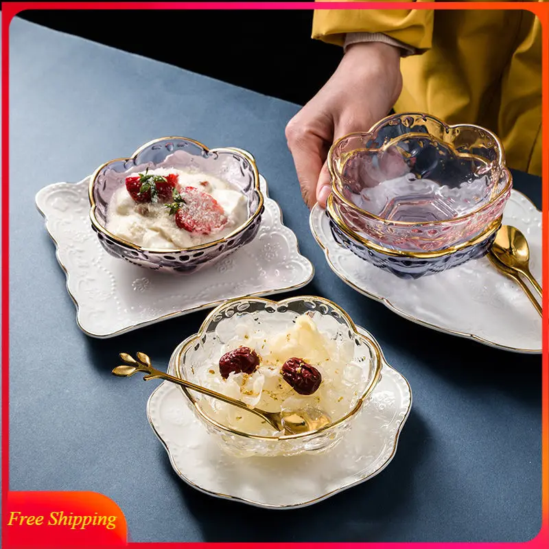 

High-end Dessert Bowl European-style Transparent Glass Small Bowl Salad Yogurt Breakfast Tableware Fruit Bowl with Spoon Plate