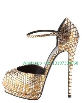 Ladies golden fish scale plaid cover heel high heels peep toe buckle sandals stiletto footwear everyday all-match shoes size 43