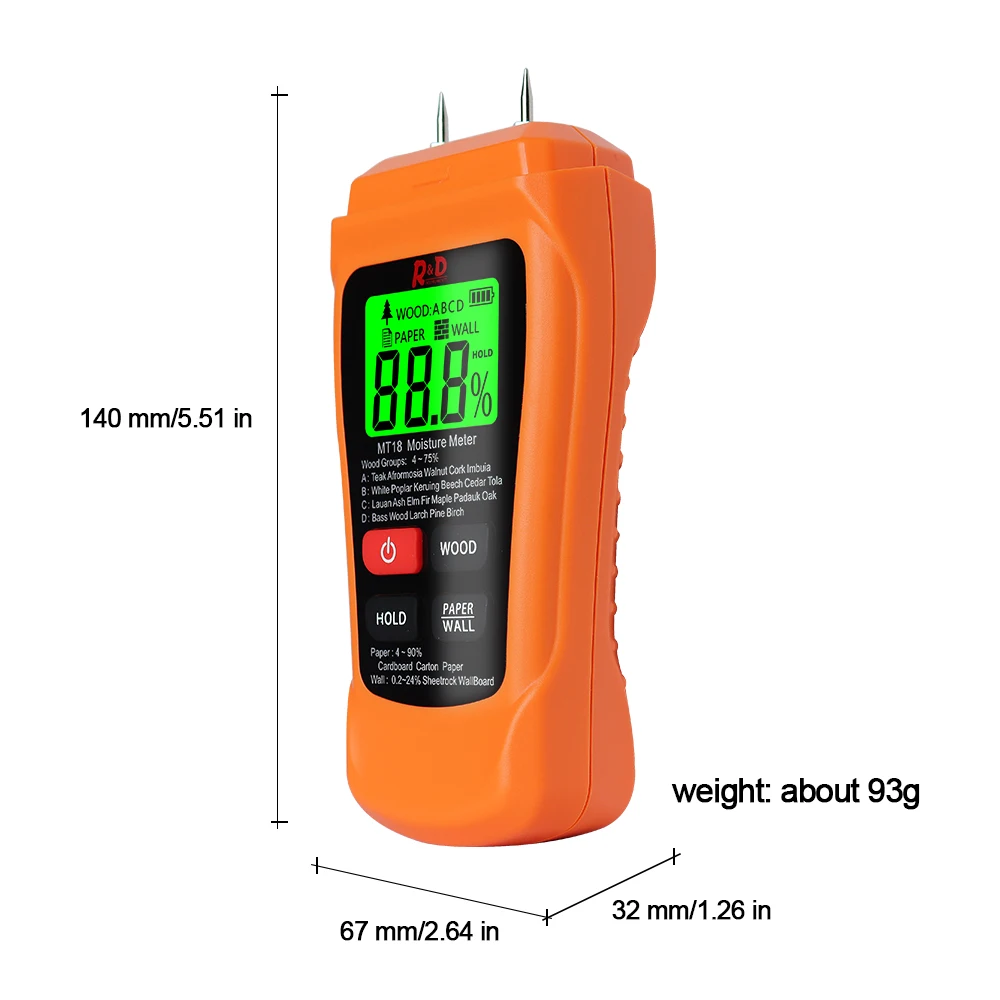 NEW MT-18 Orange 0-99.9% Two Pins Digital Wood Moisture Meter Paper Humidity Tester Wall Hygrometer Timber Damp Detector