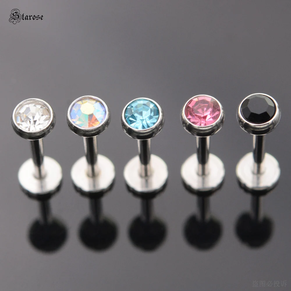 5Pcs 1.2x6/8mm Bar Round Rainbow Blue Crystal Nose Ring Stud Conch Labret Piercing Lip Ring Ear Piercing Helix Tragus Earrings