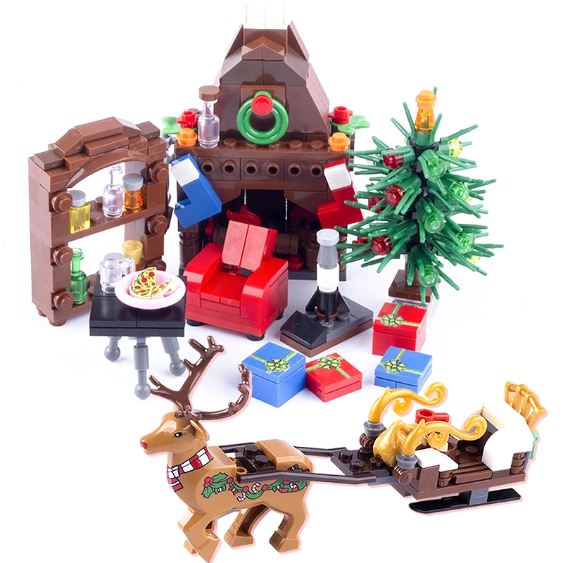 Mini figurines de père noël en blocs de construction, bricolage, arbre, cerf, lumières Led, modèle en brique, jouets pour enfants, cadeau