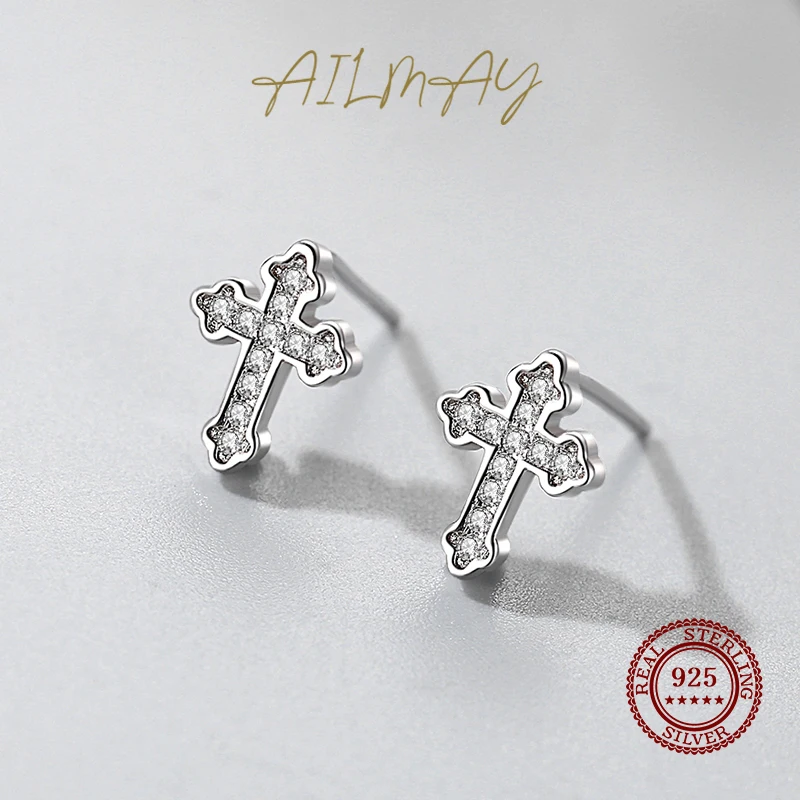 Ailmay Authentic 925 Sterling Silver Simple Shiny Zircon Mini Cute Cross Stud Earring for Women Fashion Ear Pin Fine Jewelry