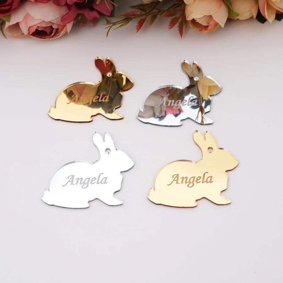 5cm Personalized Children Birthday Acrylic Mirror Rabbit Bridal Shower Gift Custom Banquet Dinner Hanging Tags Party Favors