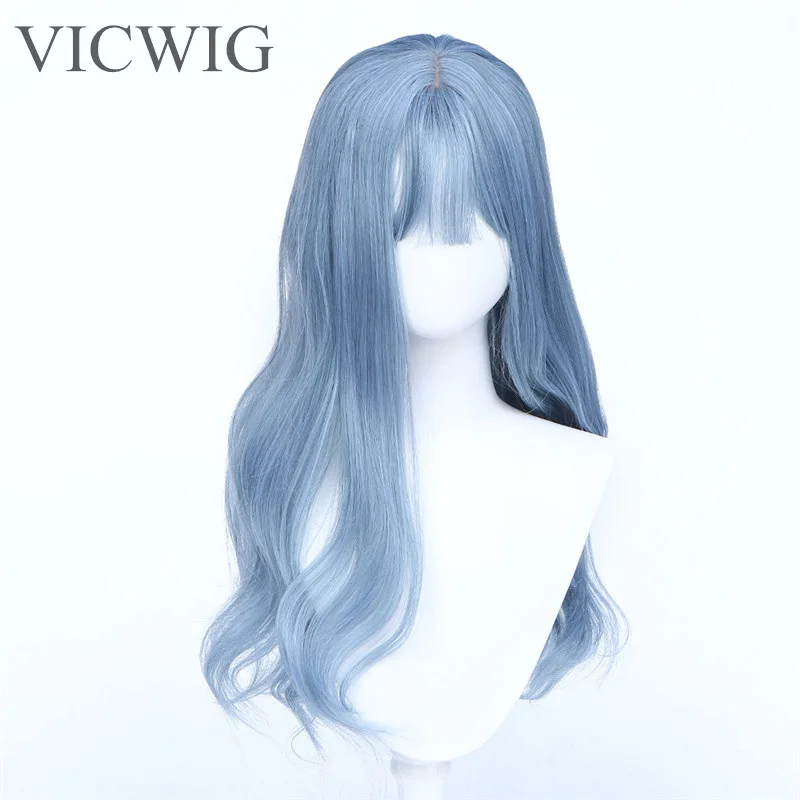 VICWIG peruki syntetyczne fala mieszane Haze niebieska długa peruka dla kobiet ciepła włókna włosów Cosplay peruka z grzywką