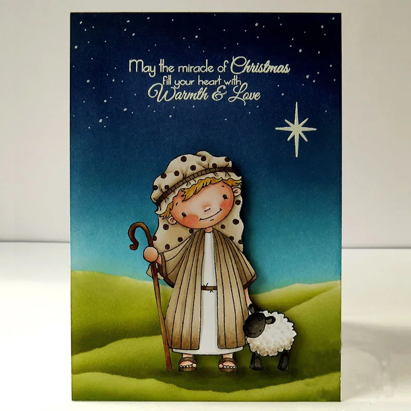 Cute Girl With Her Lamb Die Cut+Clear Stamp Girl+Lamb+Christmas Blessings Phrases Metal Cutting Dies+Clear Stamp For Card Making