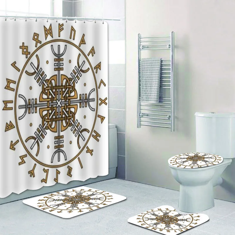 Ancient Viking Symbol Helm of Awe Magic Runic Compass Vegvisir Shower Curtain and Bath Rug for Bathroom Mats Toilet Accessories