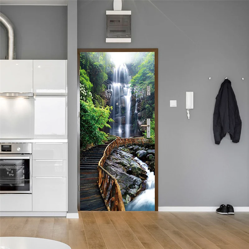 Waterfall Door Stickers PVC Self-adhesive Waterproof 3D Nature Landscape Wallpaper For Living Room Bedroom Door Mural Sticker