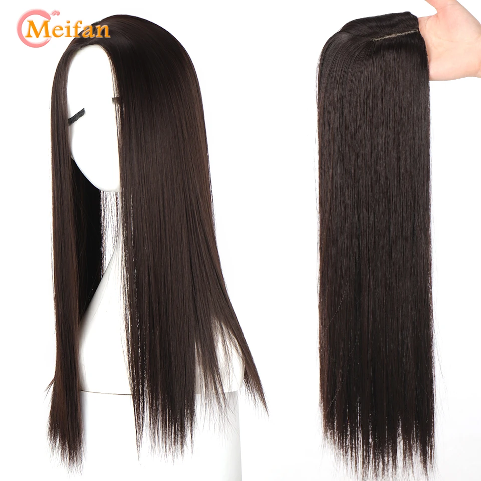 MEIFAN Long Synthetic Clip on Hair Extension Topper Add Volume Invisible Closure Hairpiece With Bangs for Covering White Hair