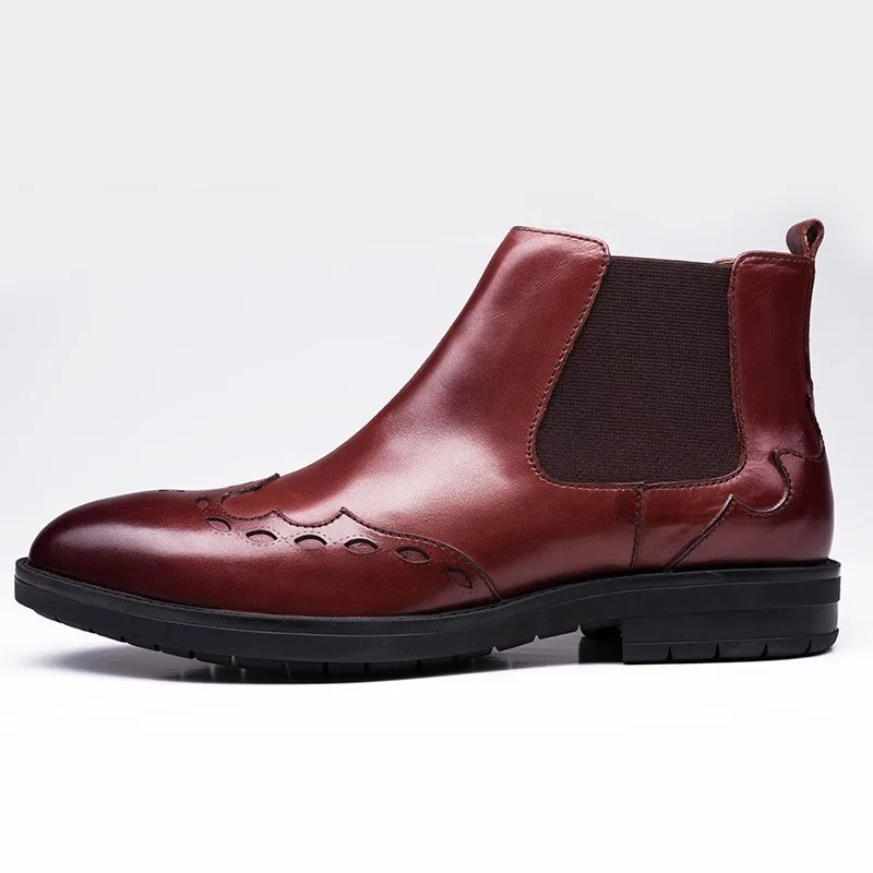 

Brand Pointed Toe Chelsea Boots Men Fashion Genuine Leather Casual Slip On Ankle Shoes Winter Business Office Formal Booties