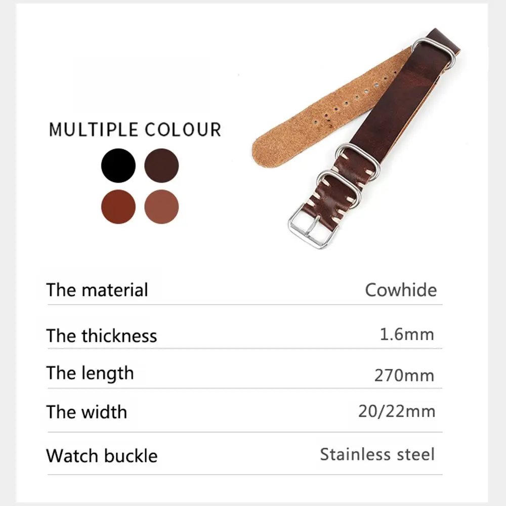 Genuine Leather Strap Watchband 20mm 22mm Cowhide Handmade Stitched Wristband Bracelet Steel Ring Buckle Watches Replacement