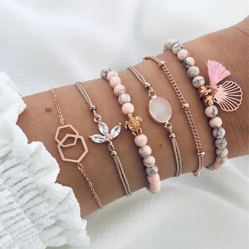 DIEZI Drop Shipping Bohemian Pink Tassel Chain Bracelet Sets For Women Turtle Shell Flower Crystal Beaded Bracelets Jewelry