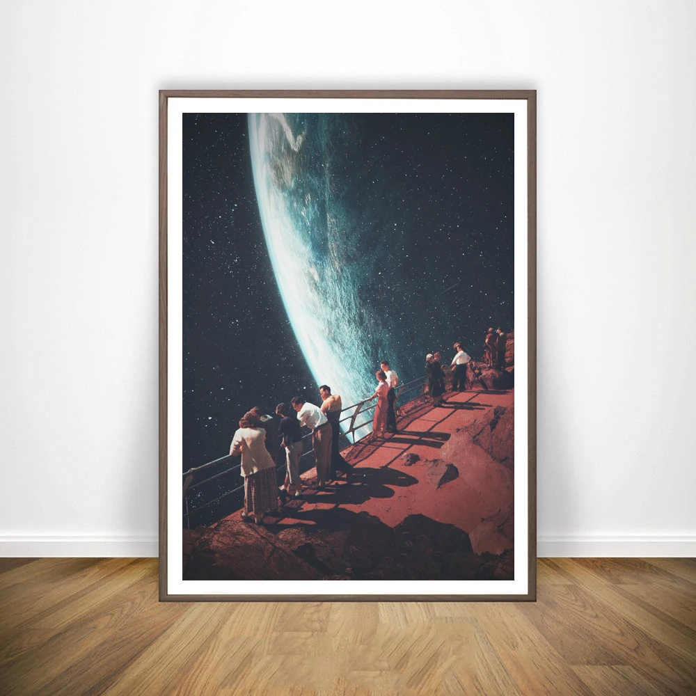 Surreal galaxy space moon print, night sky art print earth canvas poster universe wall painting sci-fi decor