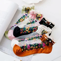 Calcetines de flores bordadas para mujer, malla de encaje transparente, cuentas de perlas, calcetines de vidrio, hilo de red fino, calcetín de gasa