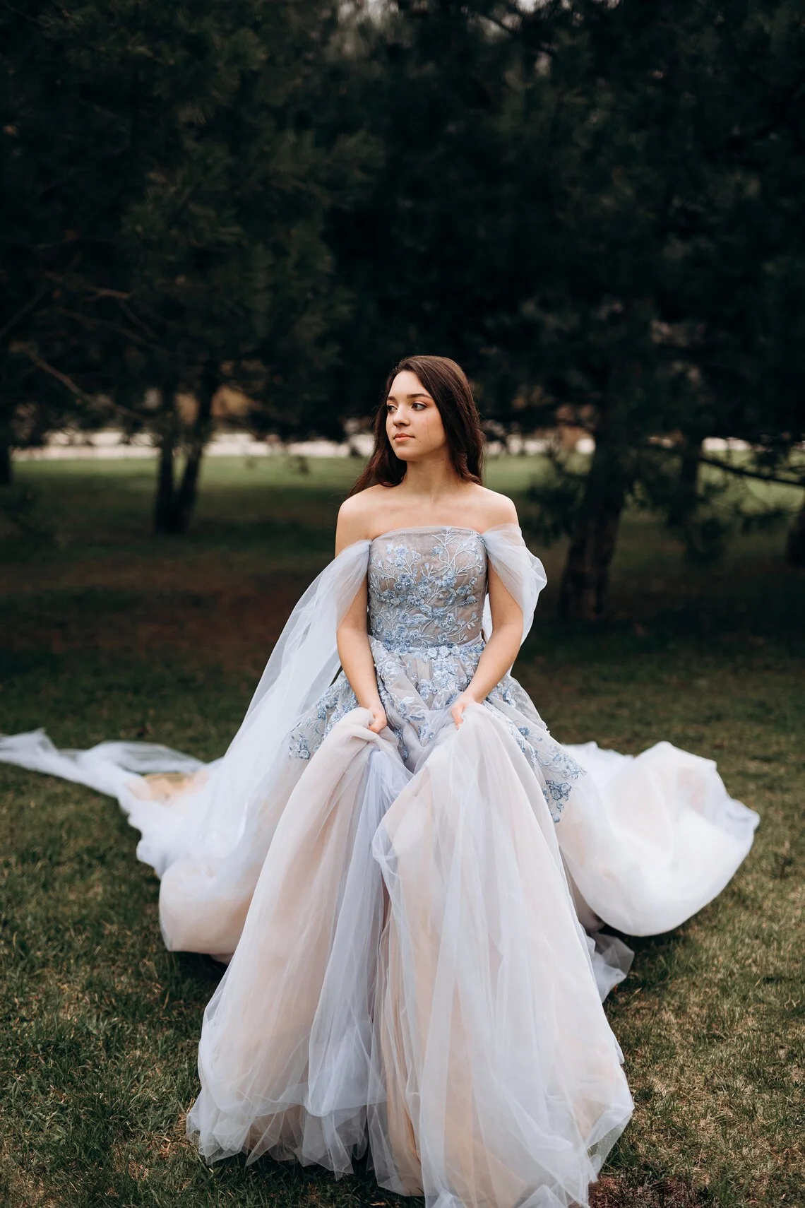 Abito da sposa fashion personalizzato abito da sera azzurro abito floreale a maniche lunghe abito da sposa in Tulle con scollo a v in Tulle per donne da sposa