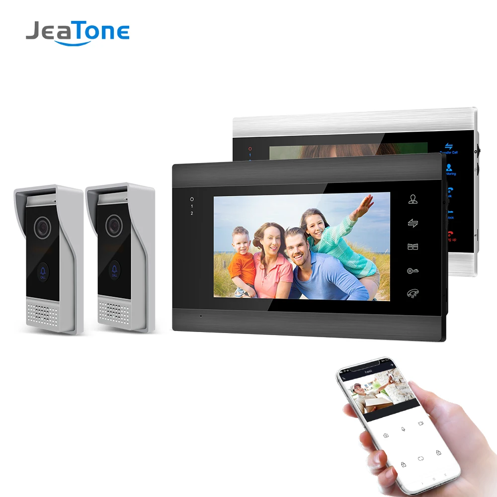 Jeatone 7inch Wireless Wifi Smart IP Video Door Phone Intercom System with 2 Night Vision Monitor 2 Rainproof Doorbell Camera