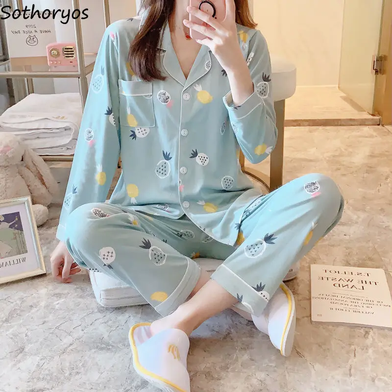 

Pajama Sets Women Cartoon Cute Soft Long Sleeve Sleepwear Korean Style Pyjamas Leisure Colorful Loose Pijama Tops Pants Fashion