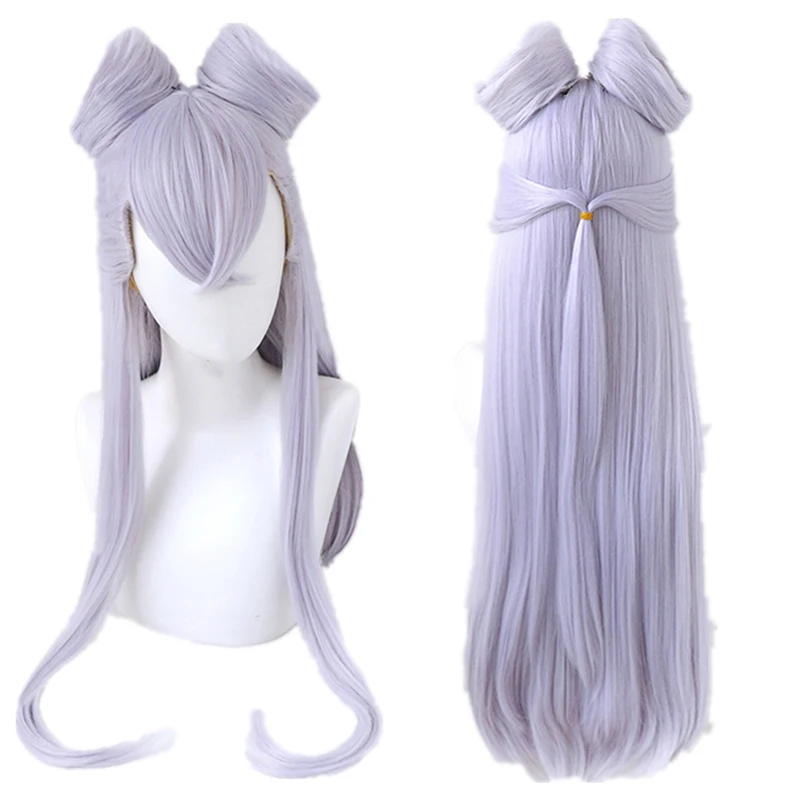 High Quality Game KDA Evelynn Wig With Buns LoL Cosplay Light Purple Synthetic Hair Long Straight Wigs + Free Wig Cap