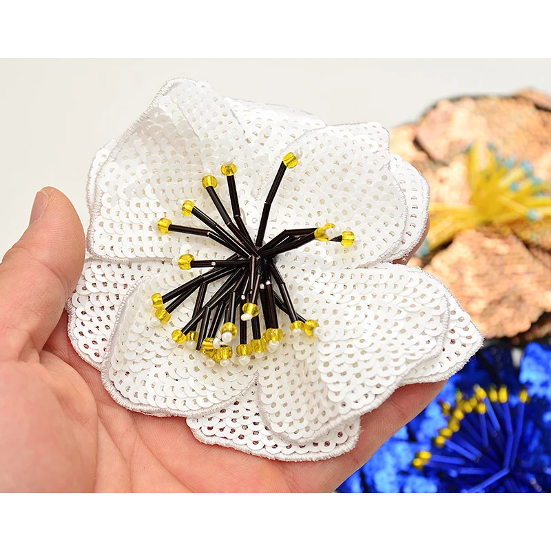 AHYONNIEX 1 Piece Fashion Large Sequined Flower Parches DIY Applique for Clothes Sew On 3D Patch