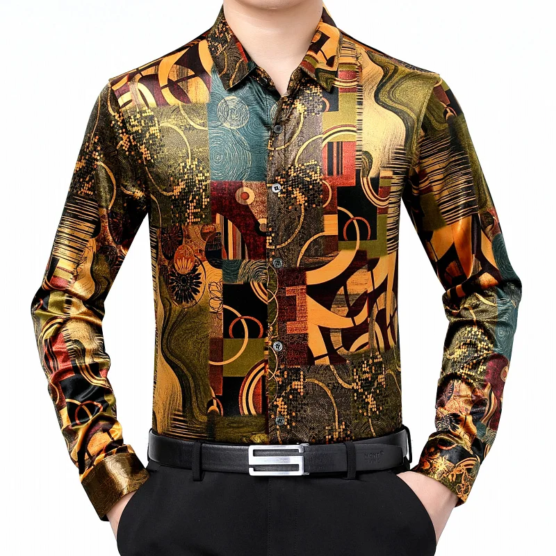 

New Arrival 2021 Men's Silk Velvet Dress Shirts Autumn Fashion Pritning Gold Velvet Shirt Male Smooth Soft Velvet Clothes