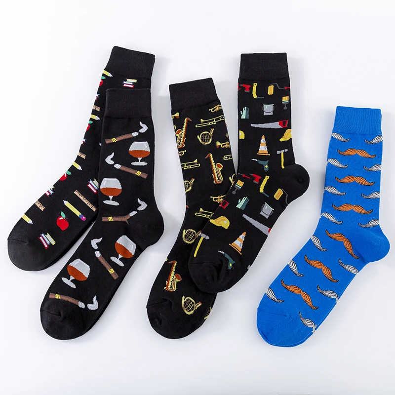 MODA MULAYA Happy Socks Men/Women Art Cigar Apple Toolkit Books Beautiful Wine Beard Sportsman 2020 New Funny Socks Dark Style