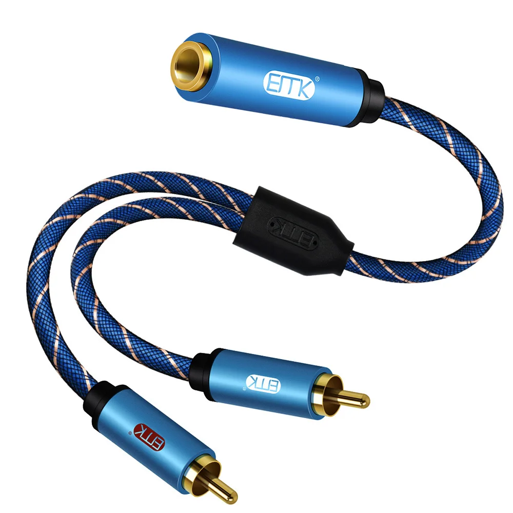 EMK 3.5mm żeńskie do 2RCA męski stereofoniczny kabel Audio Adapter pozłacany do smartfonów, MP3, tabletów, kina domowego